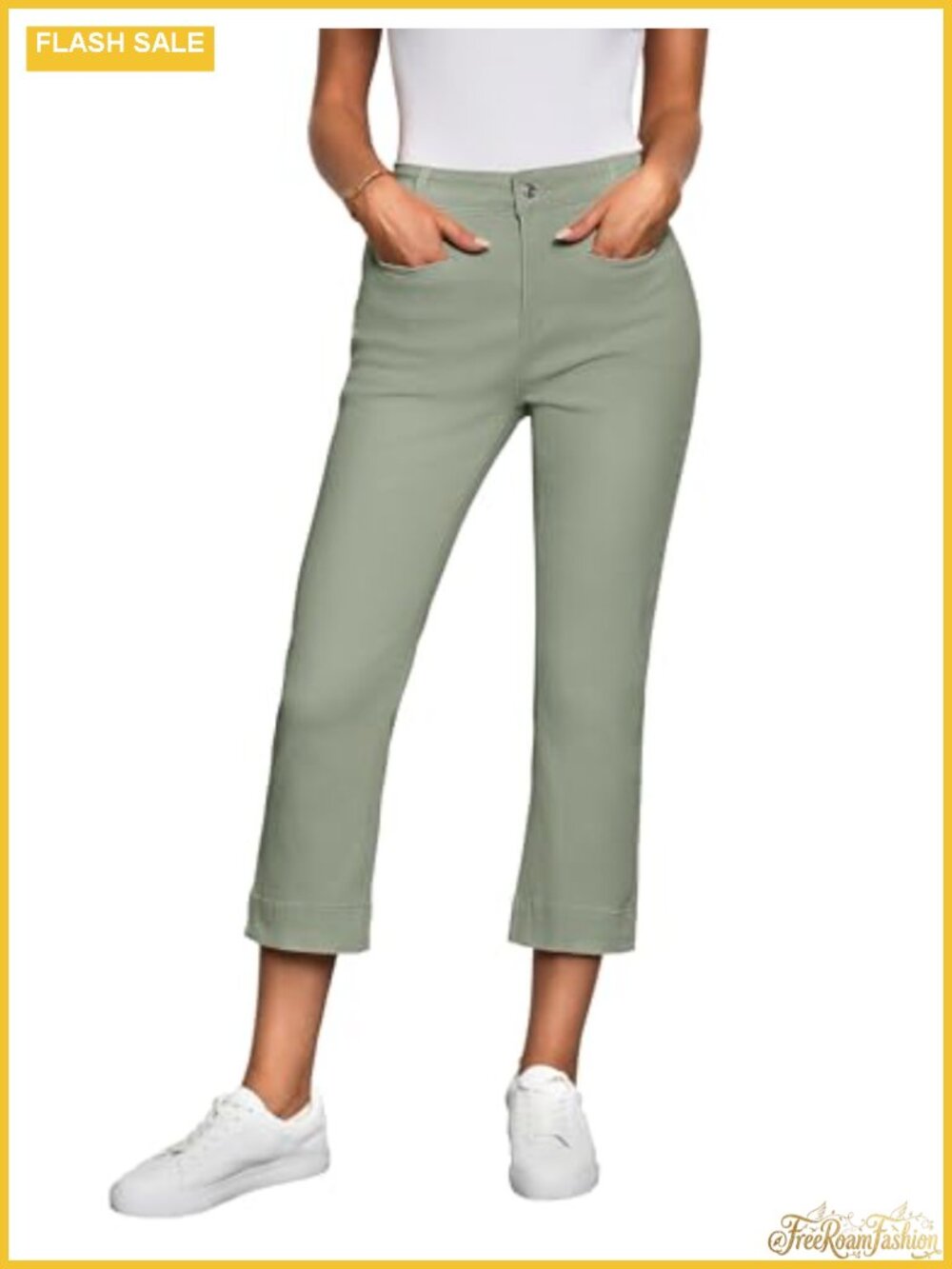 High Waisted Slim Straight Capri Jeans Stretchy Denim with Welt Pockets